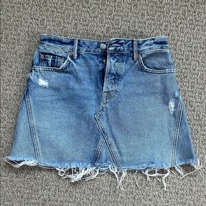 girlfriend collective light blue denim mini skirt with frayed hem